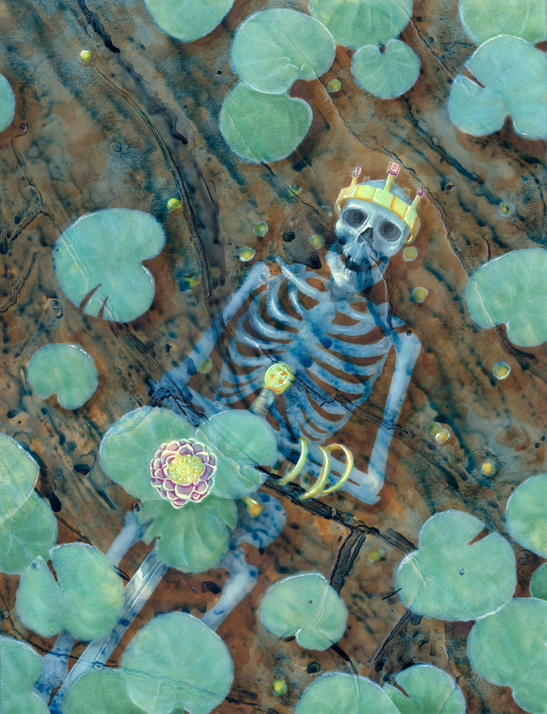 A skeleton in a crown lies in repose on a riverbed surrounded by gold coins and gripping a sword