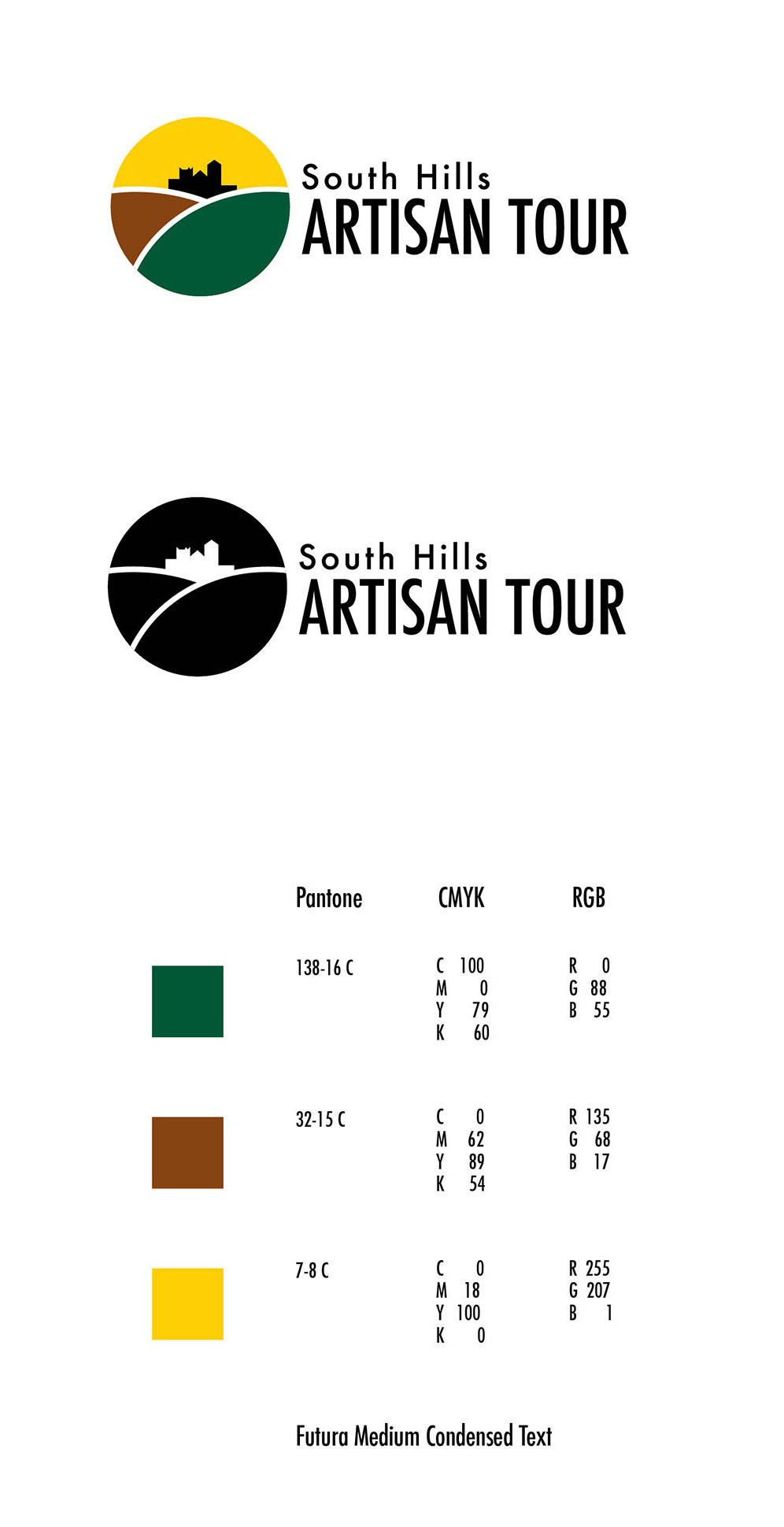 brand use guidelines for South Hills Artisan Tour, including both logo versions, color swatches, and font selections