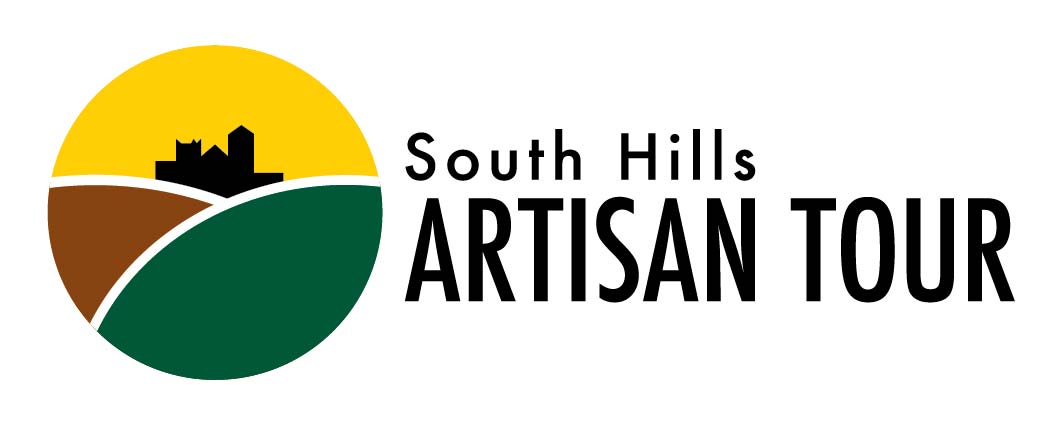Logo for the South Hills Artisan Tour, a stylized Pittsburgh skyline nestled between green and brown hills