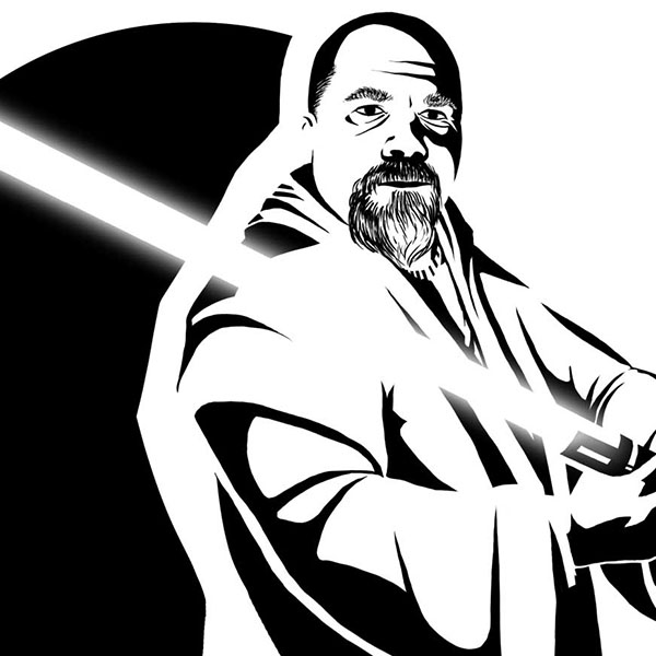 A bald monk with a beard defends with a laser sword
