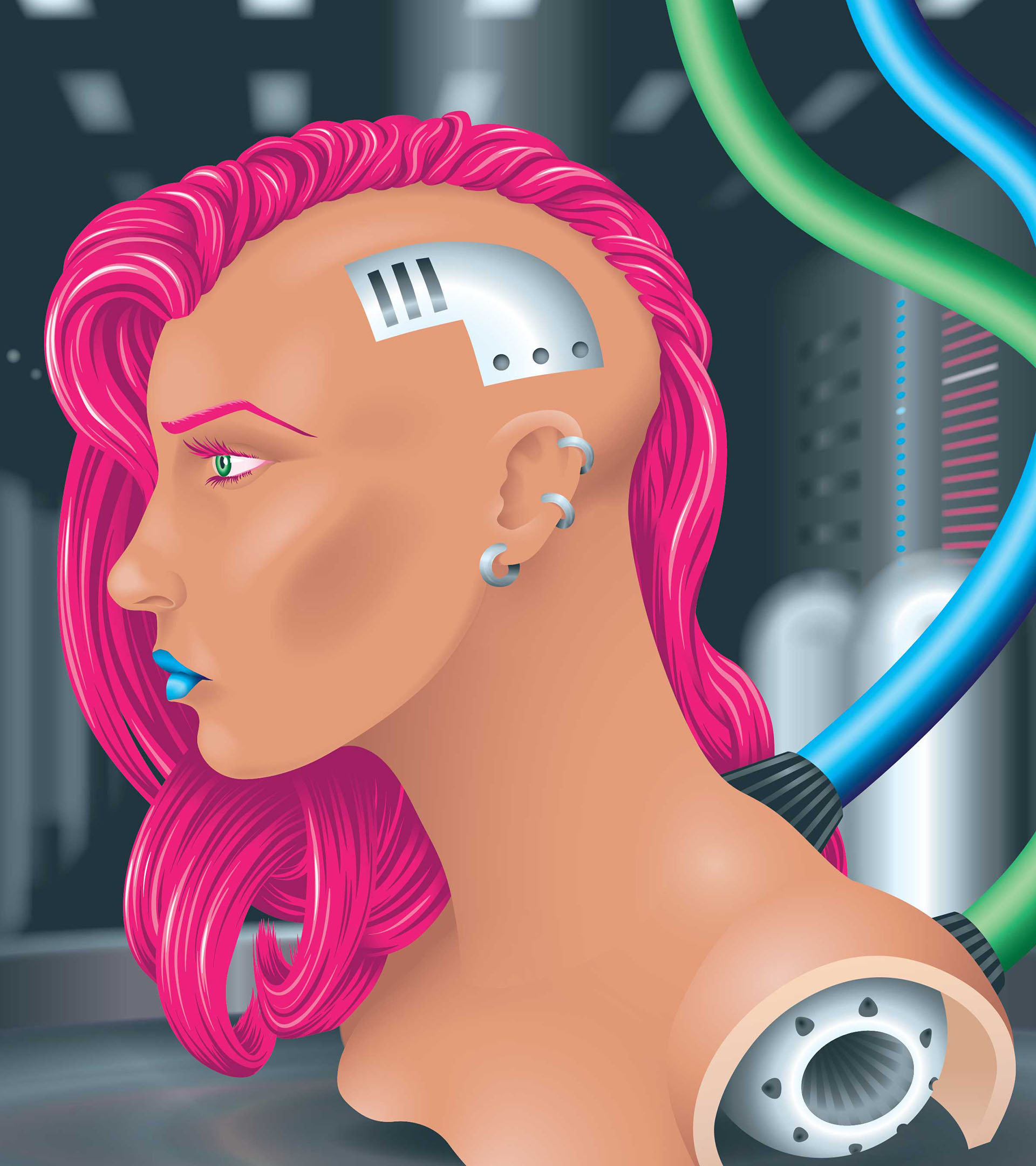 A cyborg head gazes off-frame to the left, thick cables plugged into the shoulders and neck