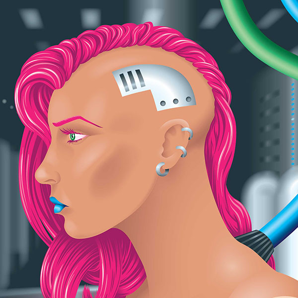 A cyborg head gazes off-frame to the left, thick cables plugged into the shoulders and neck