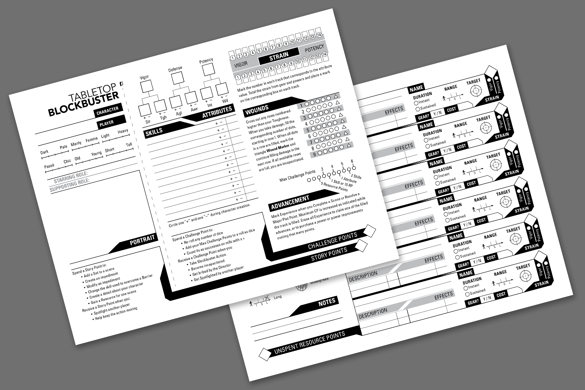 Tabletop Blockbuster character sheets