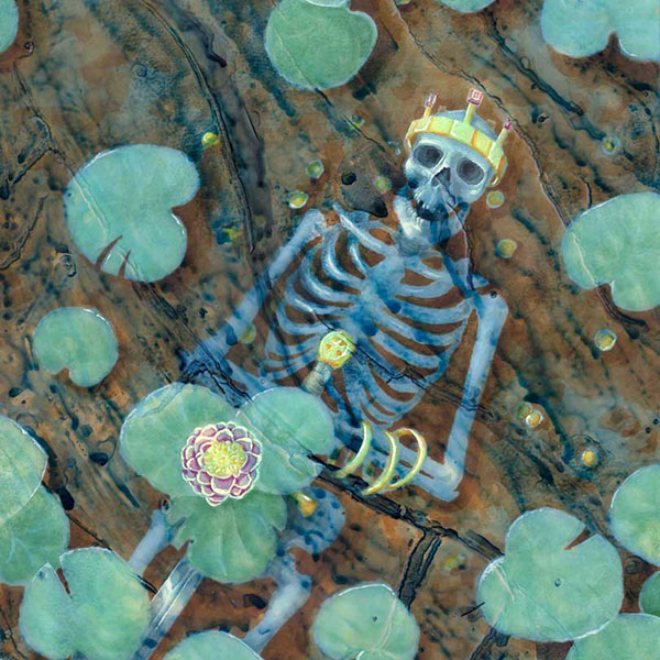 A skeleton in a crown lies in repose on a riverbed surrounded by gold coins and gripping a sword