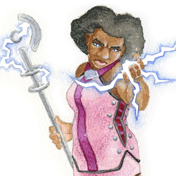 A sorcerer regards a spark of lightning in her hand