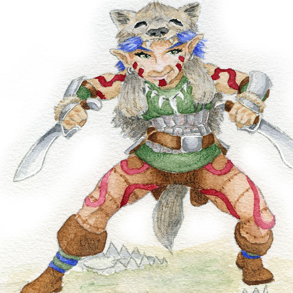 A halfling stands over two traps, wearing the pelt of a fox