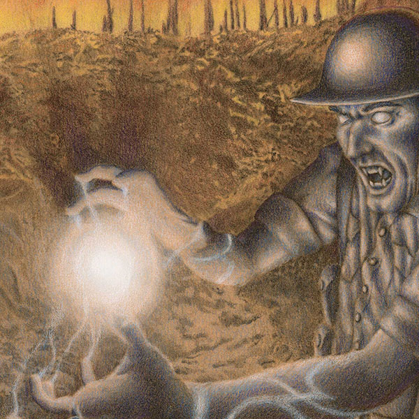 A vampire in a WWI uniform grasps a ball of light in his hands