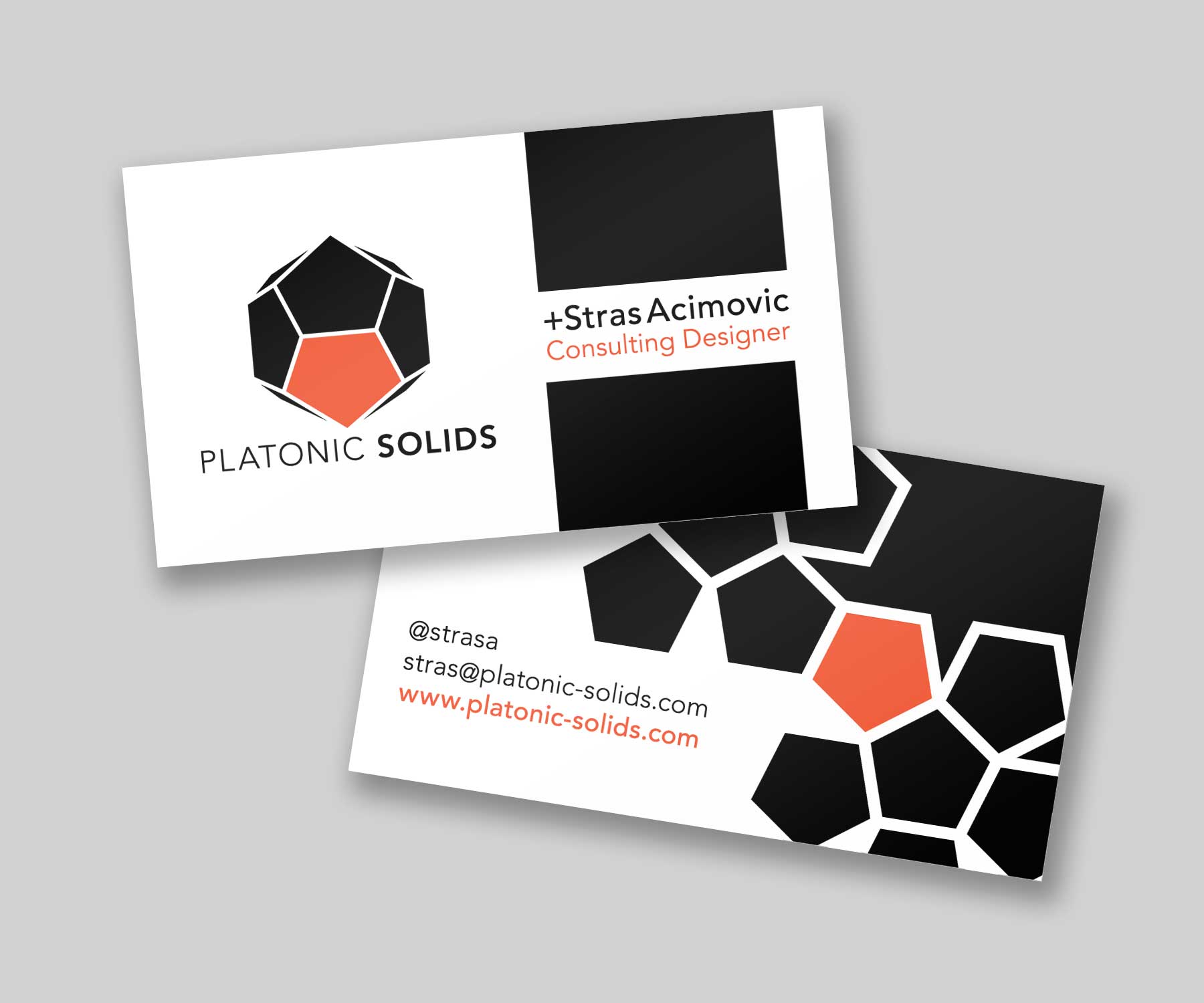 A business card in horizontal layout, with front and back designs