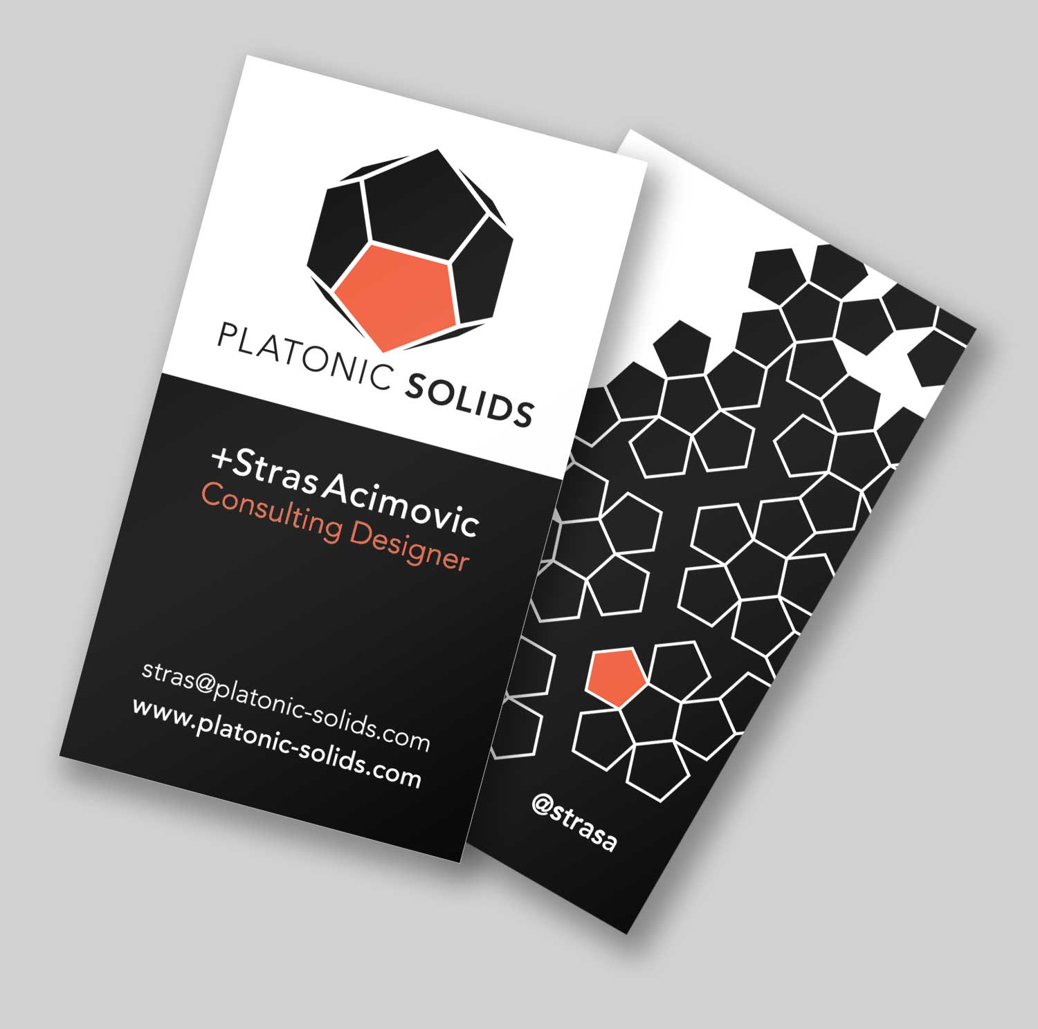 A business card in vertical layout, with front and back designs