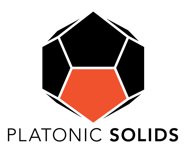 Logo for Platonic Solids, an arrangement of black pentagons to look like a dodecahedron, with one pentagon in Orange
